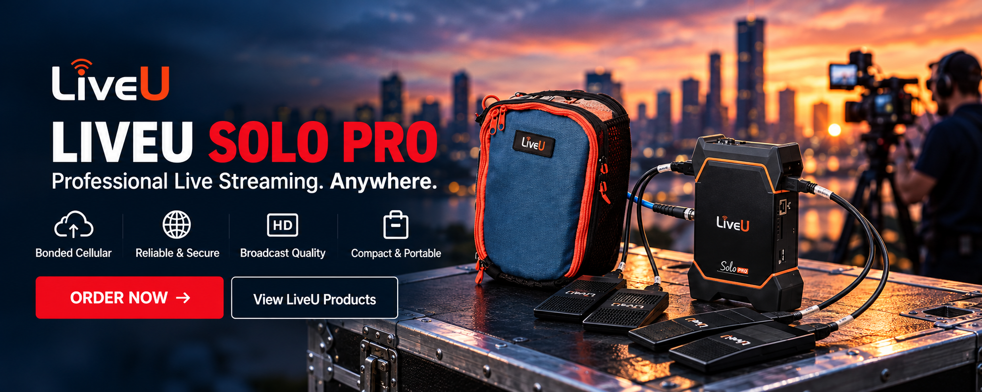 LiveU Solo Pro equipment kit, professional live streaming anywhere, cinematic RF Broadcast promotional graphic